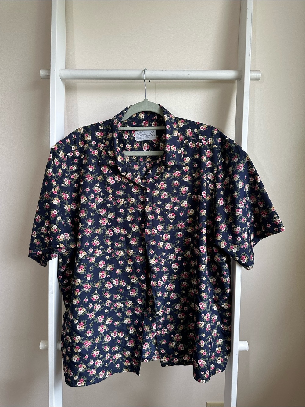 Hallmark Navy Short-Sleeve Button Front Shirt with Pink Floral Print